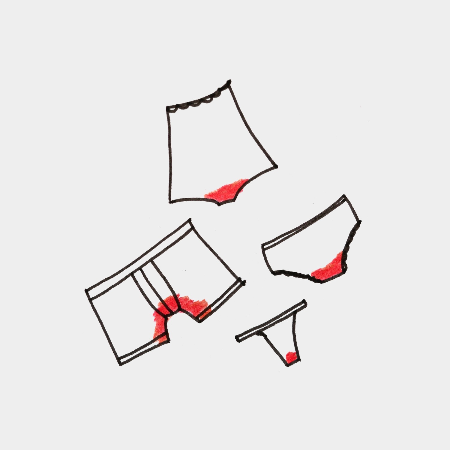 Illustrations of four pairs of underwear (a thong, boxers, briefs and high-waisted briefs) with red period blood on the crotch of each. Image from Vulvani – www.vulvani.com’